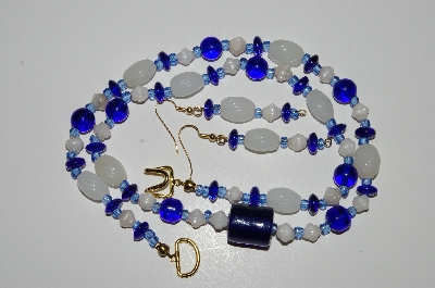 +MBA #B4-2968  "Dark Blue & Luster White Glass Bead Necklace & Matching Earring Set"