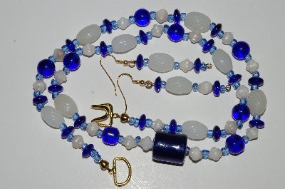 +MBA #B4-2968  "Dark Blue & Luster White Glass Bead Necklace & Matching Earring Set"