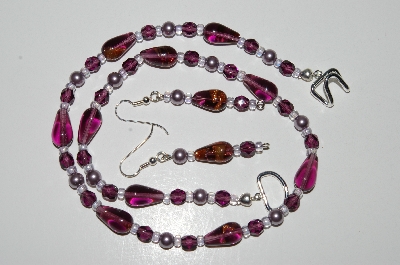 +MBA #B4-2962  "Purple Glass, Crystal & Pearl Necklace & Matching Earring Set"