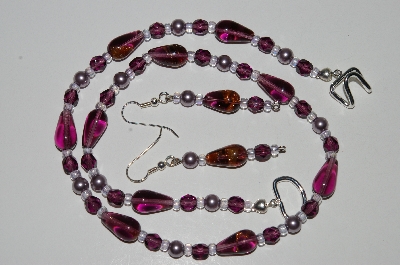 +MBA #B4-2962  "Purple Glass, Crystal & Pearl Necklace & Matching Earring Set"