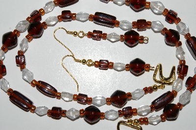 +MBA #B4-2950  "Brown & Clear Glass Necklace & Matching Earring Set"