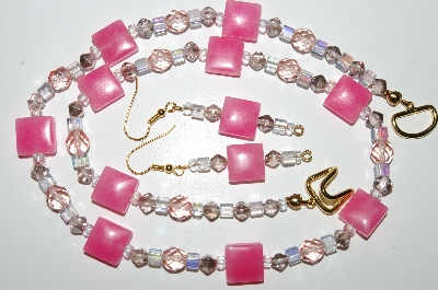 +MBA #B4-2956  "Fancy Pink Glass & Crystal Bead Necklace & Matching Earring Set"