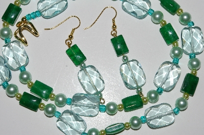 +MBA #B4-2938  "Aqua Green Glass, Green Gemstone & Glass Pearl Necklace & Earring Set"