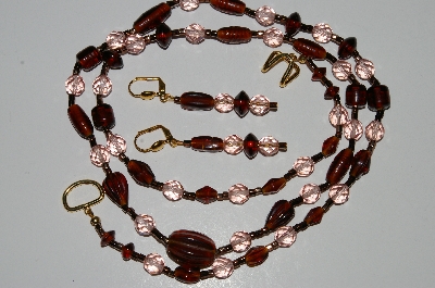 +MBA B5-03   "Brown Glass Bead & Pink Crystal Necklace & Matching Earring Set"