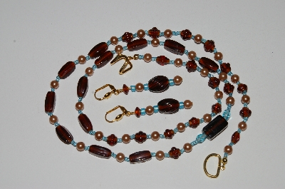 +MBA #B5-075  "Vintage Tan Glass Pearls & Brown Glass Bead Necklace & Matching Earring Set"