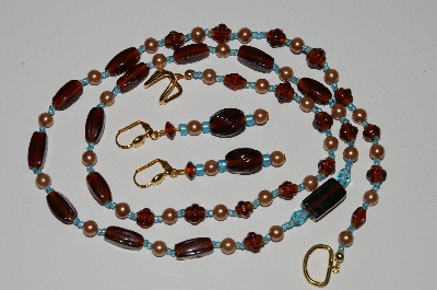 +MBA #B5-075  "Vintage Tan Glass Pearls & Brown Glass Bead Necklace & Matching Earring Set"