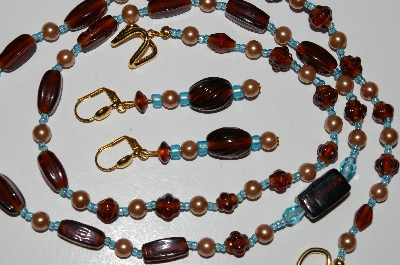 +MBA #B5-075  "Vintage Tan Glass Pearls & Brown Glass Bead Necklace & Matching Earring Set"