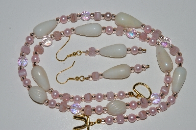 +MBA #B5-087  "Luster White Glass, Pink Glass Bead, Pink Crystal & Pink Pearl Necklace & Matching Earring Set"