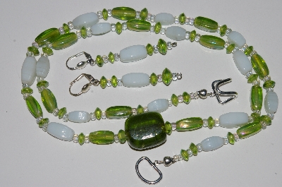+MBA #B5-081  "Lime Green Luster Glass & White Bead Necklace & Matching Earring Set"