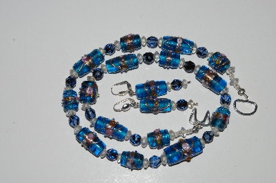 +MBA #B5-042  " Fancy Blue Glass Lamp Worked Bead Necklace & Matching Earring Set"