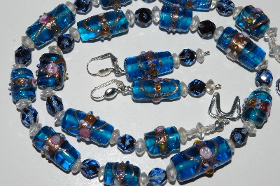 +MBA #B5-042  " Fancy Blue Glass Lamp Worked Bead Necklace & Matching Earring Set"