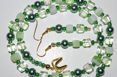 +MBA #B5-09  "Fancy Green Glass Bead & Pearl Necklace & Matching Earring Set"