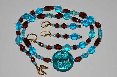 +MBA #B5-027  "Blue, Brwon Glass Bead & Crystal Necklace & Matching Earring Set"