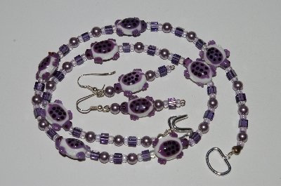 +MBA #B5-015  "Fancy Purple & White Turtle Glass Bead Necklace & Matching Earring Set"