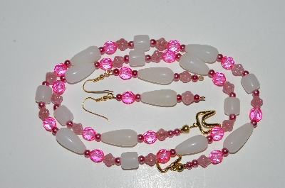 +MBA #B5-039  "Translucent White Glass, Bright Pink Crystal & Pearl Necklace & Matching Earring Set"
