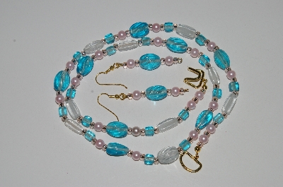 +MBA #B5-105  "Blue, Clear Glass & Pearl Necklace & Matching Earring Set"