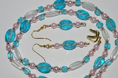 +MBA #B5-105  "Blue, Clear Glass & Pearl Necklace & Matching Earring Set"