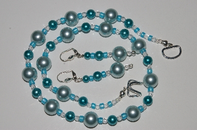 +MBA #B5-111  "Blue Glass Pearl & Clear Crystal bead Necklace & Matching Earring Set"