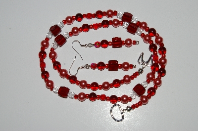 +MBA  #B6-195  "Fancy Red Glass Bead & Cranberry Glass Pearl Necklace & Earring Set"