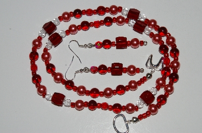 +MBA  #B6-195  "Fancy Red Glass Bead & Cranberry Glass Pearl Necklace & Earring Set"