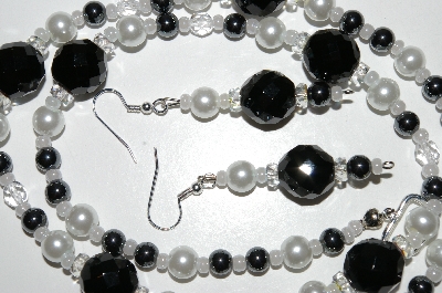 +MBA #B6-183  "Black Crystal, Hemalyke & White Glass Pearl Necklace & Earring Set"