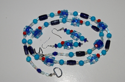 +MBA #B6-155  "Fancy Blue Glass Turtle Bead Necklace & Earring Set"