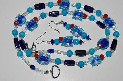 +MBA #B6-155  "Fancy Blue Glass Turtle Bead Necklace & Earring Set"