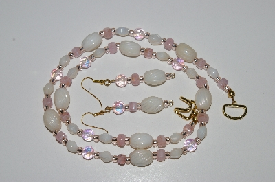 +MBA #B6-136  "Pink Crystal & Luster White Bead Necklace & Matching Earring Set"