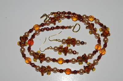 +MBA #B6-180  "Fancy Amber Glass Elephant, Crystal & Glass Pearl Necklace & Earring Set"