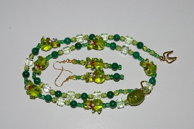 +MBA #B6-176  "Fancy Green Glass Bear,Gemstone & Glass Bead Necklace & Earring Set"