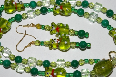+MBA #B6-176  "Fancy Green Glass Bear,Gemstone & Glass Bead Necklace & Earring Set"