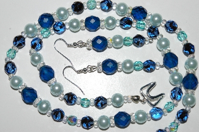 +MBA #B6-173  "Blue Crystal,Glass Bead & Pearl Necklace & Matching Earring Set"
