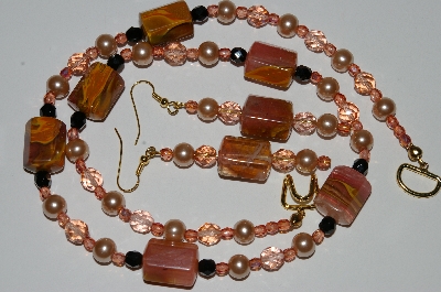 +MBA #B6-170  "Cherry Agate, Pink Crystal & Glass Pearl Bead Necklace & Matching Earring Set"
