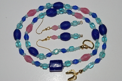 +MBA #B6-192  "Blue & Pink Glass Bead Necklace & Matching Earring Set"