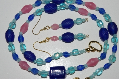 +MBA #B6-192  "Blue & Pink Glass Bead Necklace & Matching Earring Set"