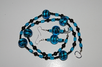 +MBA #B6-143  "Fancy Blue Lamp Worked Glass Bead Necklace & Matching Earring Set"