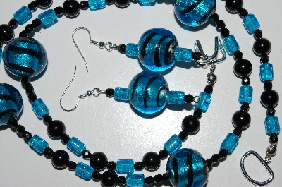 +MBA #B6-143  "Fancy Blue Lamp Worked Glass Bead Necklace & Matching Earring Set"