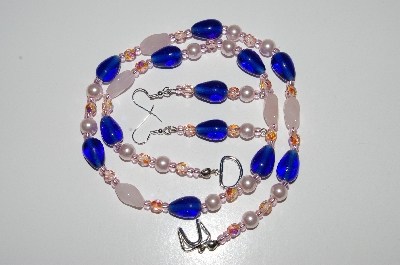 +MBA #B6-146  "Rose Quartz,Blue Glass & Pearl Necklace & Matching Earring Set"