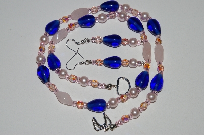 +MBA #B6-146  "Rose Quartz,Blue Glass & Pearl Necklace & Matching Earring Set"