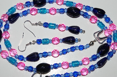 +MBA #B6-043  "Fancy Blue & Pink Glass Bead Necklace & Earring Set"