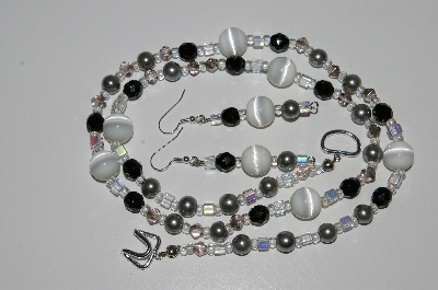 +MBA #B6-133  "White Fiber Optic, Black Crystal, Grey Glass Pearl & Glass Bead Necklace & Earring Set"
