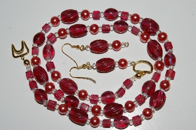 +MBA #B6-059  "Fancy Cranberry Glass Bead & Pearl Necklace & Matching Earring Set"
