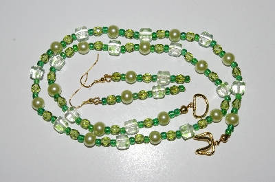 +MBA #B6-121  "Fancy Green Glass & Pearl Necklace & Matching Earring Set"