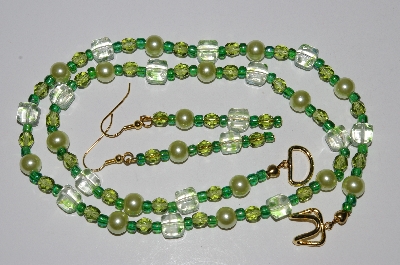 +MBA #B6-121  "Fancy Green Glass & Pearl Necklace & Matching Earring Set"