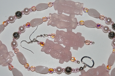 +MBA #B6-115  "Fancy Rose Quartz "Owl", Glass Bead & Pearl Necklace & Matching Earring Set"
