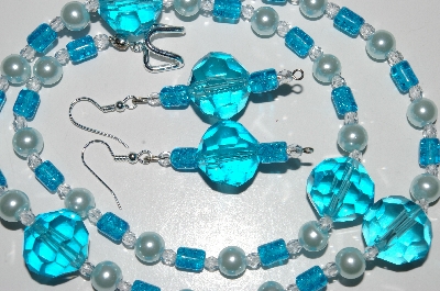 +MBA #B6-056  "Fancy Blue Glass, Clear Crystal & Pearl Necklace & Matching Earring Set"