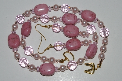 +MBA #B6-053  "Fancy Pink Lepidolite, Pink Glass, Crystal & Pearl Necklace & Matching Earring Set"