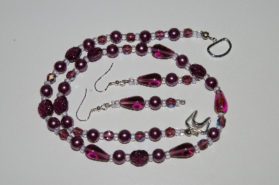 +MBA #B6-106  "Fancy Purple Glass Bead & Pearl Necklace & Matching Earring Set"