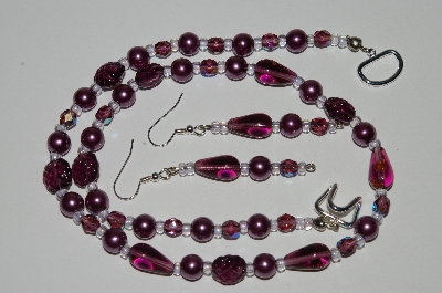 +MBA #B6-106  "Fancy Purple Glass Bead & Pearl Necklace & Matching Earring Set"