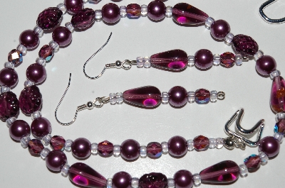 +MBA #B6-106  "Fancy Purple Glass Bead & Pearl Necklace & Matching Earring Set"